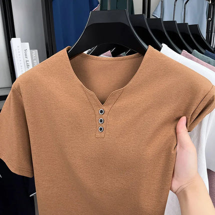 New Men's Casual and Fashionable Three Button V-neck Solid Color Short Sleeved T-shirt Summer Versatile Top PlatiNum