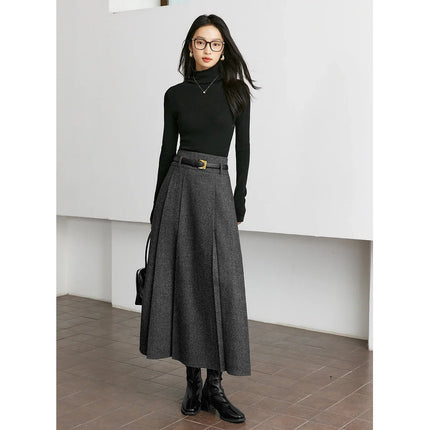VIMLY Elegant Wool Blend Pleated Maxi Skirt for Women 2025 Winter High Waist Stereo Heavy Duty Skirt Office Lady Clothes M9173 PlatiNum