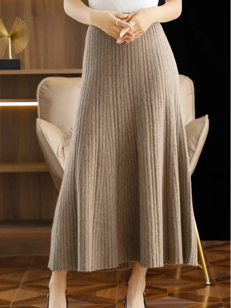 Elegant Women's Pleated Skirt 100% Merino Wool Skirt A-Line Long Skirt Soft Warm Autumn Winter Dress Slim Elastic Waist Office PlatiNum