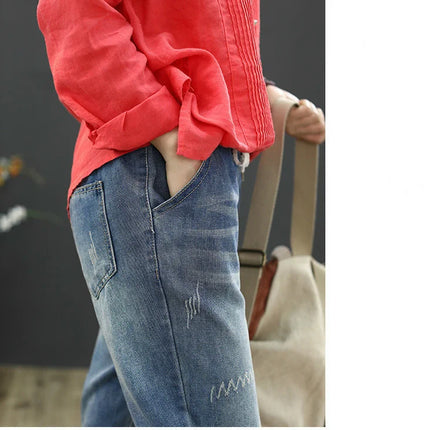 AmaxluluE Jeans larghi strappati da donna alla moda estiva Pantaloni in denim ricamati per il tempo libero da donna Pantaloni Harem elastici da donna vintage