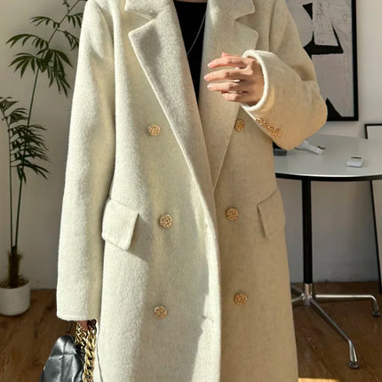High-end Thick Double-sided Wool Coat Female Fashion Long  Autumn Winter Lapel Double Breasted Wool Coat Women Loose Outerwear