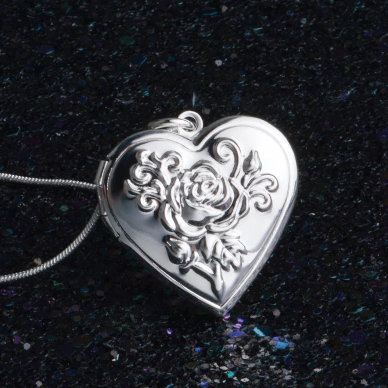 Classico Vintage Rose Flower 925 Sterling Silver medaglione doppio cuore collana foto El collare ciondolo donna miglior regalo