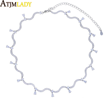 2025 Moda Bianco Rosa Tear Drop Cubic Zirconia Micro Pavimenta CZ Pavimentato Bling Wave Bar Cuore Fascino Collana Girocollo Gioielli da donna