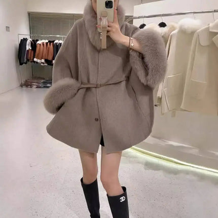 UCXQ Korean Style Two Sided Cloak Overcoat For Women Fur Collars Belt Loose Long Coats 2025 Winter New 23Z2284