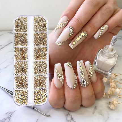 1.5mm-5mm Champagne Glass Crystal Nail Art Gems 12grids Flatback SS4-SS16 Mixed Nail Art Rhinestone Non-Hotfix Diamond Nail Deco