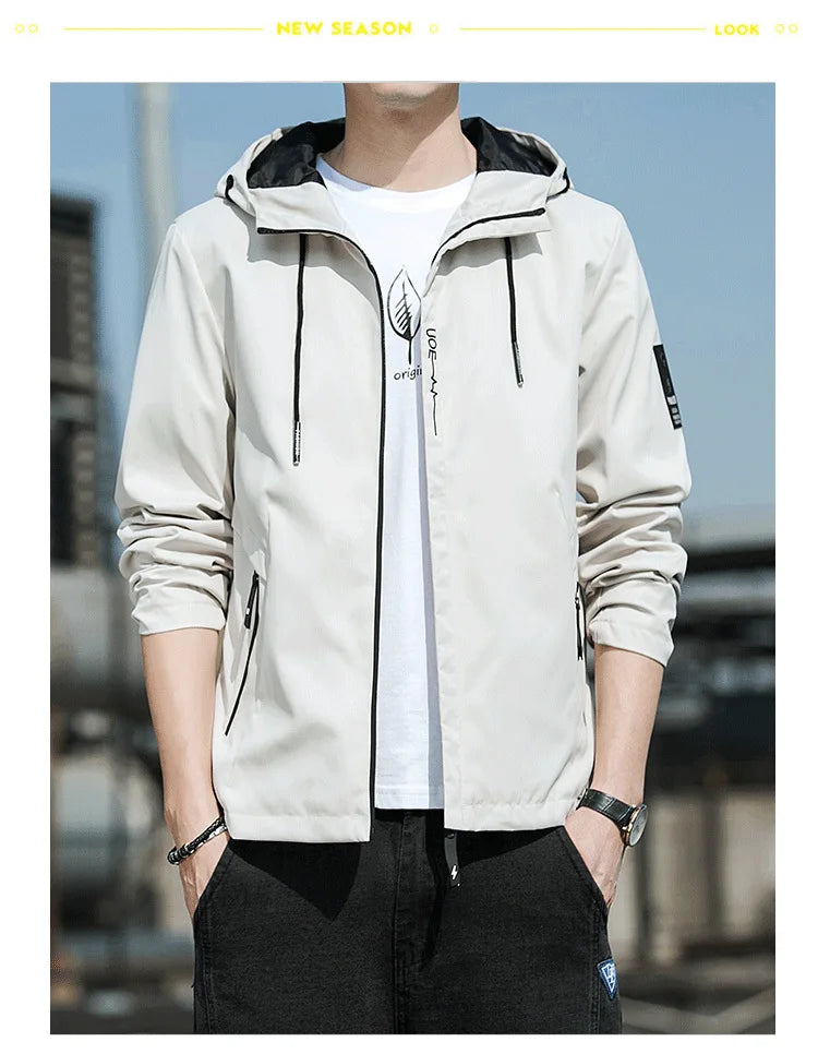 Casual Hooded Men's Jacket Youth Outerwear Spring Autumn New Style Korean Version Anti-Wrinkle Wear-Resistant Windproof Polye...