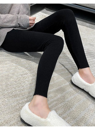 Autumn Winter Women Wool Thickening Leggings High Waist Ribbed Vertical Stripe Casual Knitted Leggings Warm Wear out Pantyhose PlatiNum