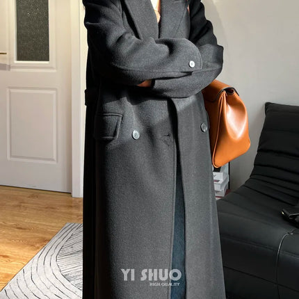 High-end White Thick Double-sided Wool Cashmere Coat Long Women Fashion Casual Loose Lapel Lace-up Woolen Jacket Autumn Winter
