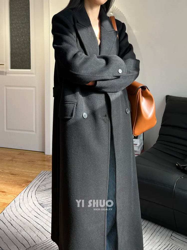 High-end White Thick Double-sided Wool Cashmere Coat Long Women Fashion Casual Loose Lapel Lace-up Woolen Jacket Autumn Winter