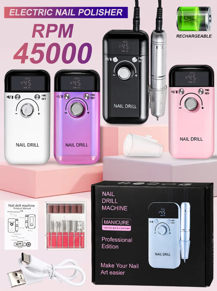 LIMEGIRL 45000RPM Electric Nail Drill Polisher Rechargeable Portable Electric Nail File Machine Kit for Home Acrylic Gel Nails Polishing