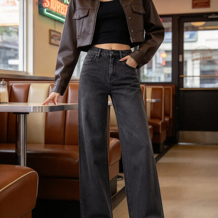 Women’s high-waisted, wide-leg jeans in smoky grey with a uniform wash; elegant, minimalist, relaxed-fit wide-leg denim, suitable for casual office wear and everyday outings FX-1338-5