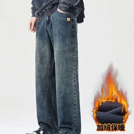 American Retro Jeans Men's 2026 Autumn and Winter with Plush New Trendy Brand High Street Casual Loose Straight Leg Long Pants