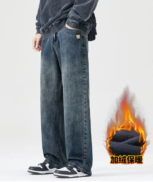 American Retro Jeans Men's 2026 Autumn and Winter with Plush New Trendy Brand High Street Casual Loose Straight Leg Long Pants