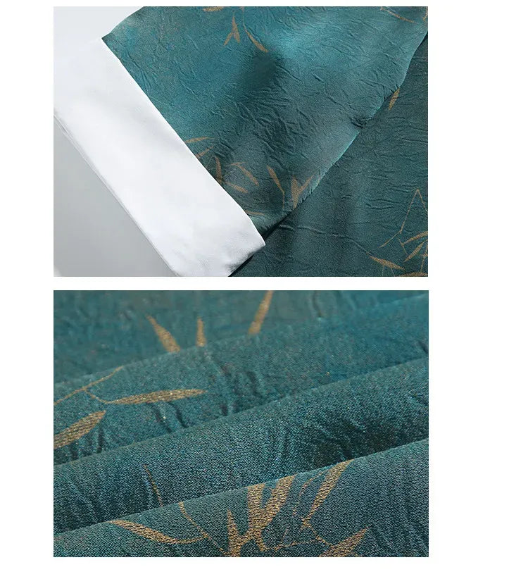 Camicie da uomo estive di lusso in jacquard con foglie di bambù, camicia a maniche corte da uomo in stile cinese tradizionale, camicia casual da uomo per Kung Fu e Tai Chi