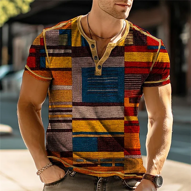 Men's Casual Button-Down Short Sleeve T-Shirt Summer Color Block Vintage Henley Shirts Patchwork 3D Print Men Tees Top Apparel