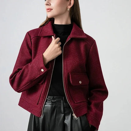 KONDALA Red Bordeaux Loose Jakcets Women Zipper Pockets Short Coats Fashion 2025 Autmn Elegant Bomer Jackets Elegant Outwears