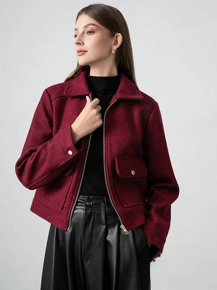 KONDALA Red Bordeaux Loose Jakcets Women Zipper Pockets Short Coats Fashion 2025 Autmn Elegant Bomer Jackets Elegant Outwears