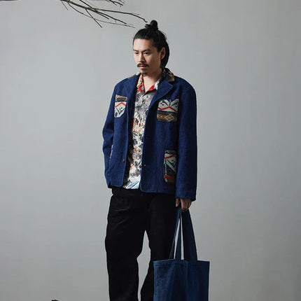 Men's Indigo Multi Pockets Jacket French Retro Blue Dye Lapel Thick Workwear Tooling Cardigan Coat plus Size for Autumn Winter