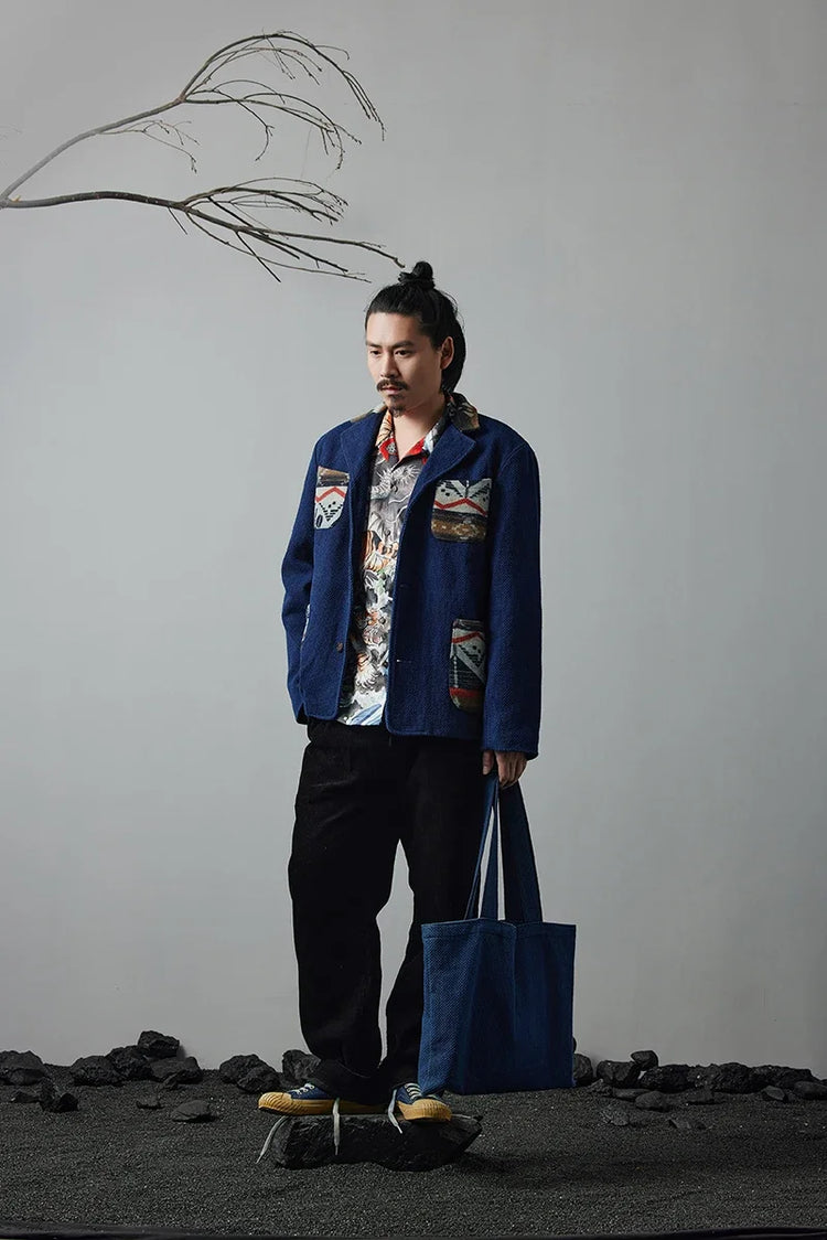 Men's Indigo Multi Pockets Jacket French Retro Blue Dye Lapel Thick Workwear Tooling Cardigan Coat plus Size for Autumn Winter