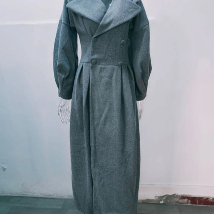 European American Retro Court Style Wool Coat, Long Length with Big Lapel & Lantern Sleeves, New Autumn Winter Outerwear