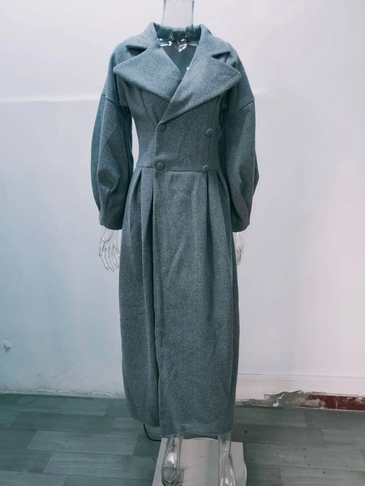 European American Retro Court Style Wool Coat, Long Length with Big Lapel & Lantern Sleeves, New Autumn Winter Outerwear