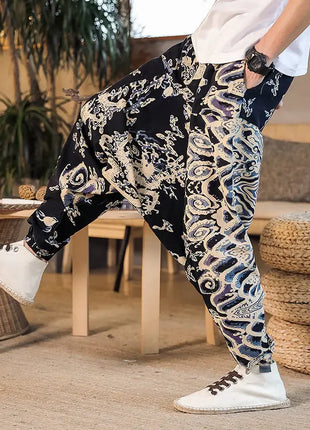 Pantaloni Harem da Uomo 2026 Stile Retrò con Stampa, Pantaloni Jogger Larghi e Comodi con Cavallo Ribassato, Stile Nepal Oversize, Pantaloni Casual da Uomo con Cavallo Ribassato