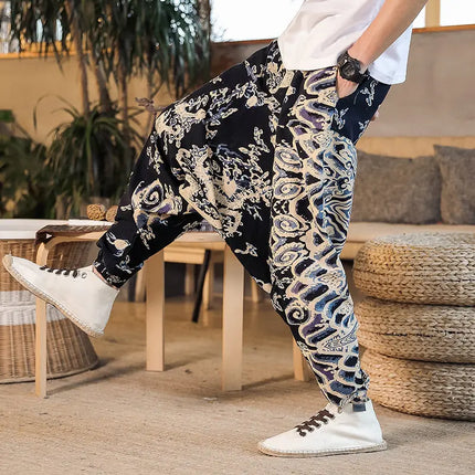 Pantaloni Harem da Uomo 2026 Stile Retrò con Stampa, Pantaloni Jogger Larghi e Comodi con Cavallo Ribassato, Stile Nepal Oversize, Pantaloni Casual da Uomo con Cavallo Ribassato
