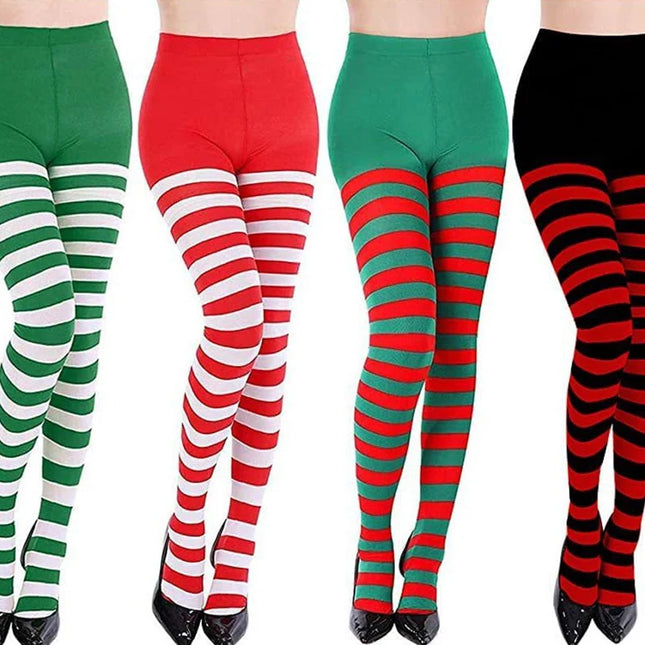 maveraCCüm | Christmas Stockings Red Green Striped Tights Stretchy Leggings Y2K Party Costume Knit Knee High Socks
