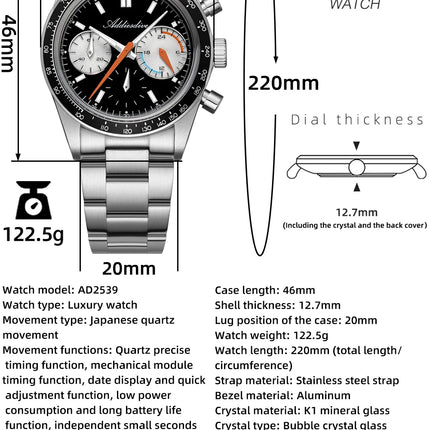 ADDIESDIVE 37mm Watch For Men Chronograph 10Bar Diver BGW9 Luminous Bubble Mirror Glass AD2539 Aluminum Ring VK63 Quartz Watches
