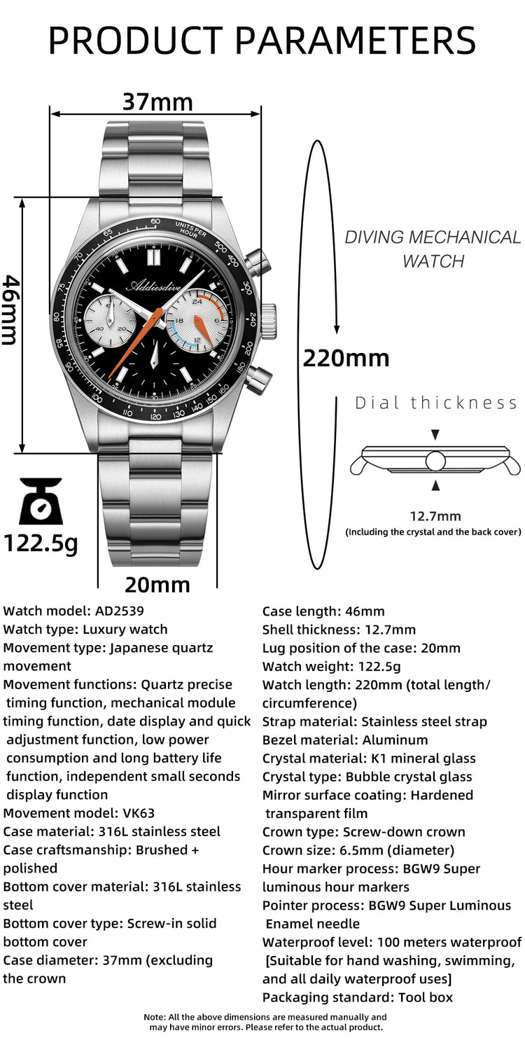 ADDIESDIVE 37mm Watch For Men Chronograph 10Bar Diver BGW9 Luminous Bubble Mirror Glass AD2539 Aluminum Ring VK63 Quartz Watches
