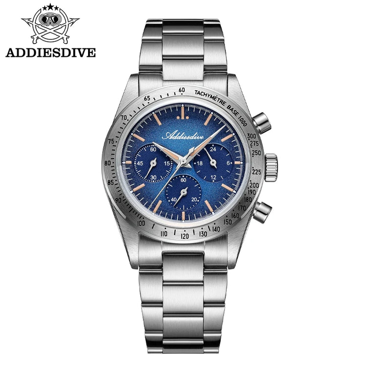 ADDIESDIVE Watch New 37mm Chronograph Men Quartz Wristwatch Domed Glass 316L Stainless Steel 100m Waterproof C3 Luminous AD2552