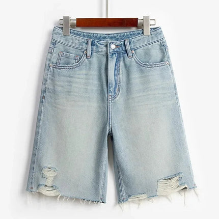 Blue Denim Shorts For Women High-Waisted Loose-Fit Slimming Casual Straight-Leg Mid-Length Summer New Arrival 2024 PlatiNum