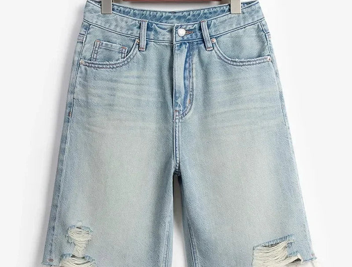 Blue Denim Shorts For Women High-Waisted Loose-Fit Slimming Casual Straight-Leg Mid-Length Summer New Arrival 2024 PlatiNum