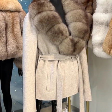 Brown Faux Fur Collar Wool Blend Belted Coats Elegant Wrap V Neck Long Sleeve Lace Up Jackets 2026 Lady Winter Autumn Outwear