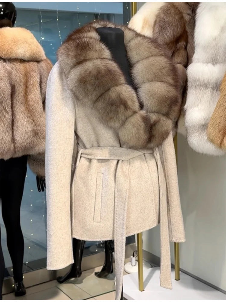 Women Wool Blend Coat Big Faux Fur Collar And Cuffs Belted Waist Wrap Loose Winter Jacket Thick Warm Elegant Lady Outerwears