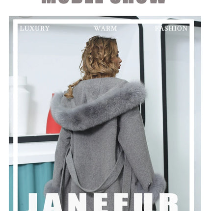 MISSJANEFUR Wool Coat with Real Fox Fur Collar Cuff Women Fashion Belted Cashmere Coats Warm Winter Hooded Trench Peacoat
