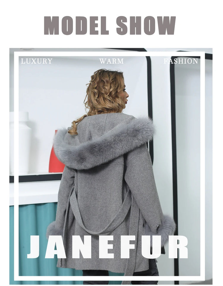 MISSJANEFUR Wool Coat with Real Fox Fur Collar Cuff Women Fashion Belted Cashmere Coats Warm Winter Hooded Trench Peacoat