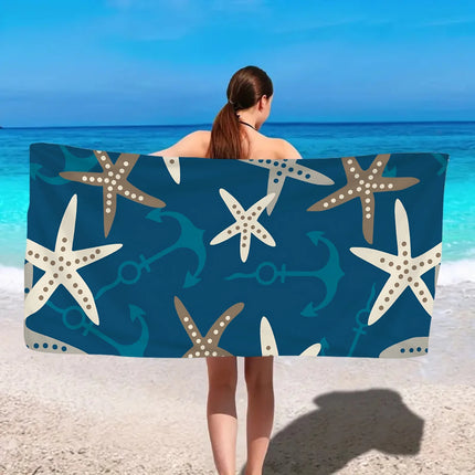 1pc Ocean Element Printed Beach Towel, Starfish Boat Anchor Gym Workout Towel For Travel Pool Yoga