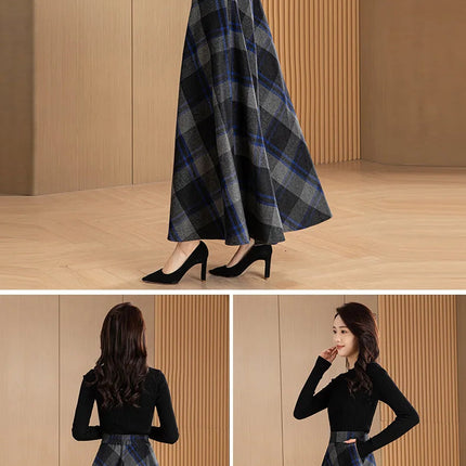 New Women Woolen Plaid Skirt Autumn Winter Fashion Elastic High Waist A-Line Wool Blended Long Skirt Simplicity Vintage Skirt PlatiNum