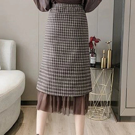 Woolen plaid skirt autumn and winter 2025 new plaid foreign style small man a word hip wrap medium and long skirt PlatiNum