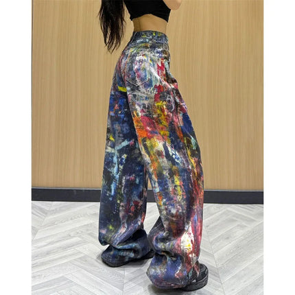 Jeans Americani da Donna a Vita Alta e Gamba Dritta, Pantaloni in Denim Colorati con Effetto Schizzi d'Inchiostro, Pantaloni Larghi Stile Cowboy per l'Autunno