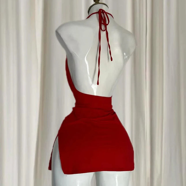 Red V-Neck Backless Bandage Dress Elegant Slim Korean Mini Dresses
