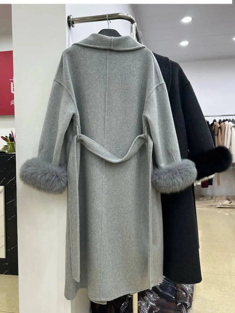 BJTZ Fox Fur Classic Long Double-Sided Pure Wool Coat For Women 2025 New Autumn Winter High-End Woolen Jacket