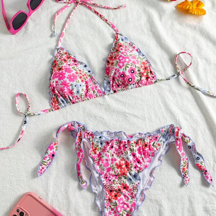 Nuovo Set Bikini Donna Estivo con Stampa Floreale Arancione, Halter con Volant, Push-Up e Perizoma con Laccetti Laterali PlatiNum