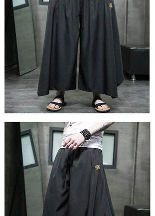 Nuovi pantaloni da uomo a gamba larga ricamati pantaloni Harajuku oversize larghi casual samurai pantaloni lanterna tradizionali retrò giapponesi da uomo