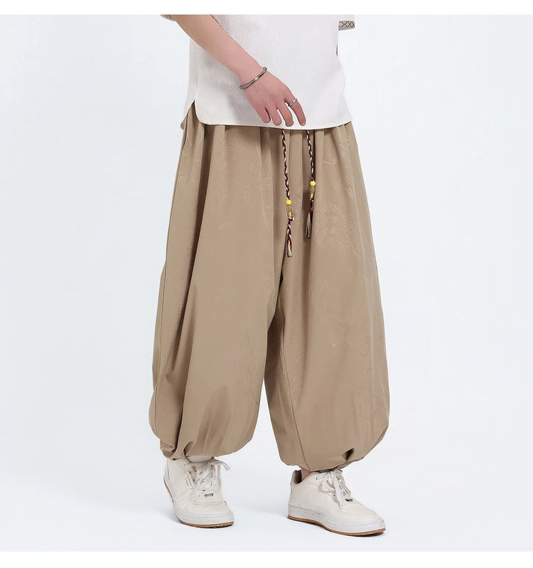 Pantaloni Estivi da Uomo Stile Cinese in Seta Ghiaccio con Motivo Drago Ukiyo-e, Comodi e Trendy, Pantaloni Casual Oversize da Uomo
