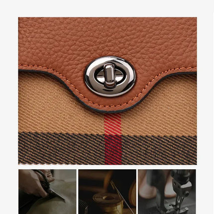 Borsa Mini Boston a Righe e Quadri in Tessuto con Finiture in Ecopelle, Chiusura a Giro e Torsione, Design con Patta, Borsa a Mano da Donna, a Tracolla, Portamonete