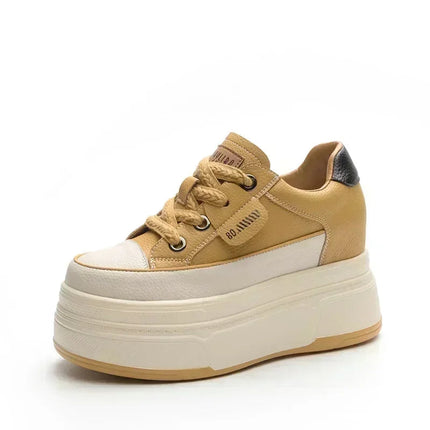 Fujin 9cm 3 inch comfortable platform sneakers for women Genuine Leather Women Vulcanized Shoes Platform High Heels Casual Shoes PlatiNum