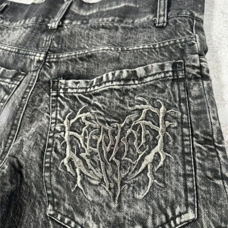 Pantaloncini Larghi Unisex Stile Gotico Retrò Y2K, Jeans Phantom con Ricamo a Ragno, Streetwear Hip Hop