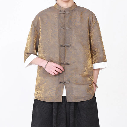 Camicia da Uomo di Lusso con Sfumature Colorate, Jacquard a Maniche Corte, Stile Cinese Tradizionale, Fresca per l'Estate, in Seta Ghiaccio